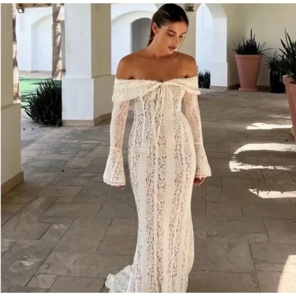 NWT Angel Lane Georgette Ivory Lace Maxi Dress - Size Large- Bridal Dress - Picture 1 of 15